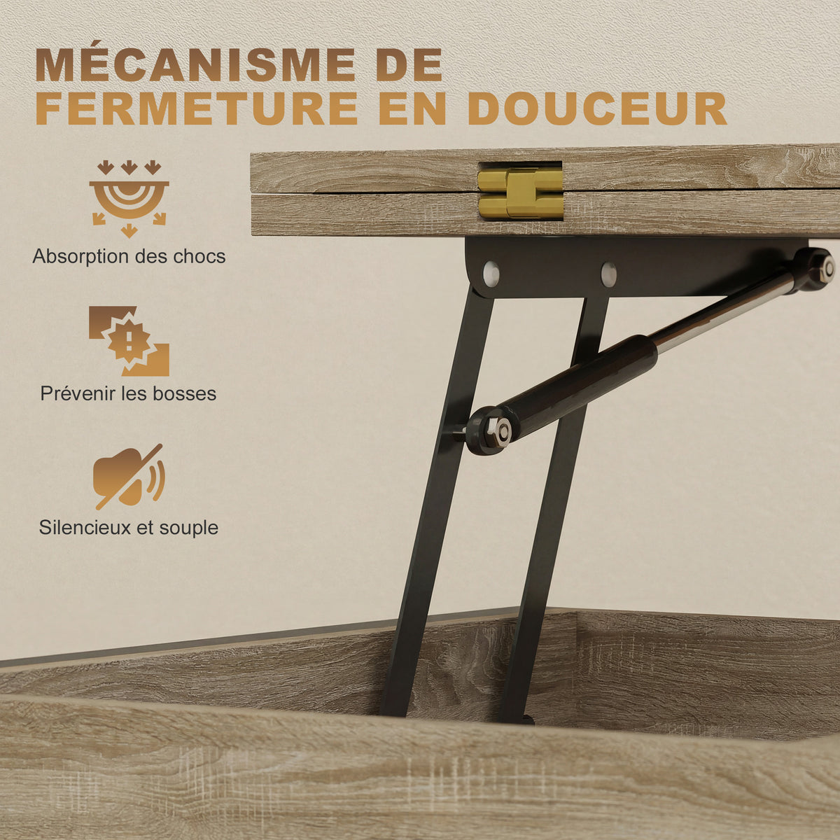 Table basse relevable et extensible, compartiment caché étagères ouvertes, 98x49x55cm, bois naturel