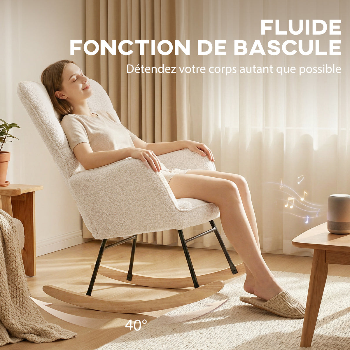 Fauteuil à bascule, effet laine, structure en acier 71 x 98 x 101 cm beige