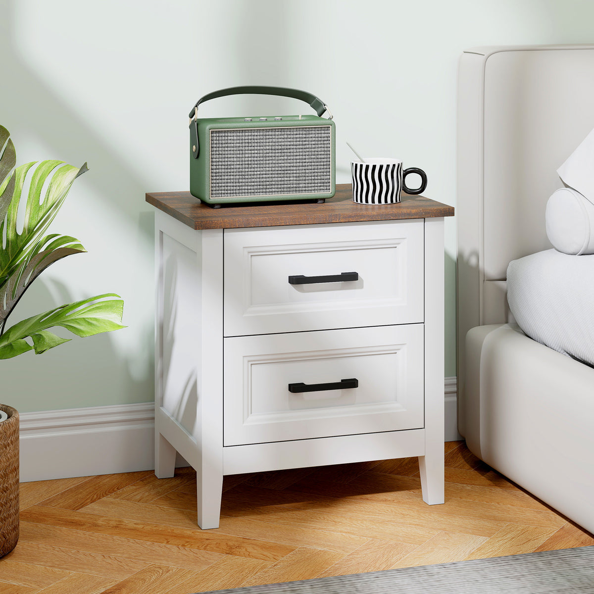 Table de chevet avec 2 tiroirs, plateau effet bois, style rustique, blanc
