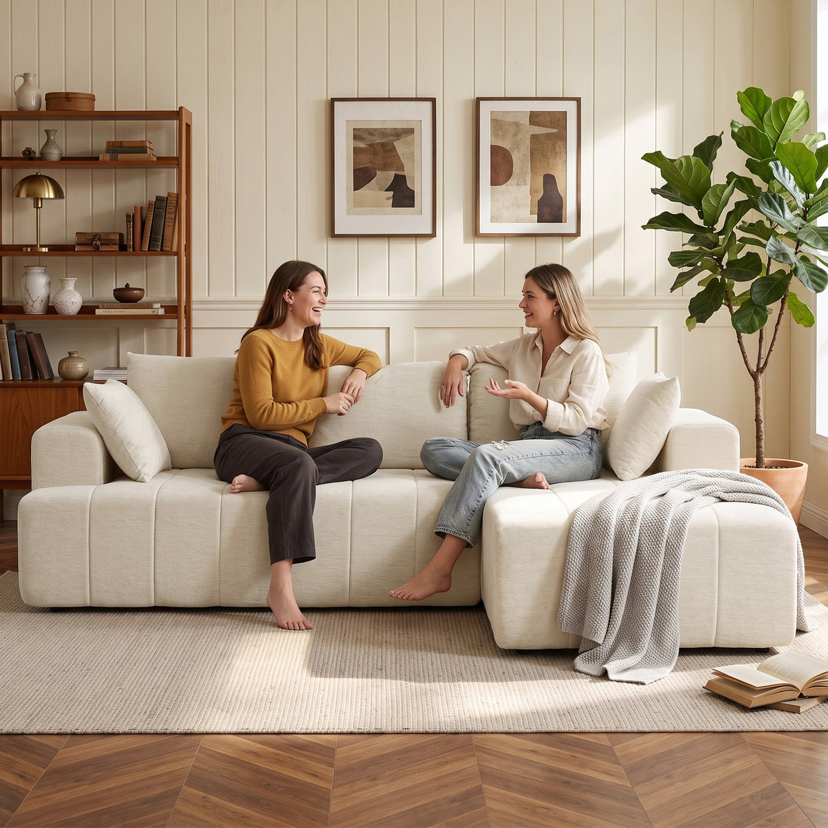 Canapé d'angle 256 cm avec méridienne, canapé-lit 3 places, beige