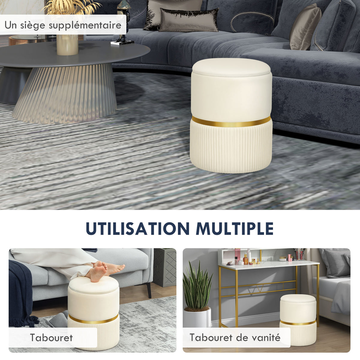 Pouf tabouret repose-pied coffre de rangement 36 x 36 x 44 cm beige