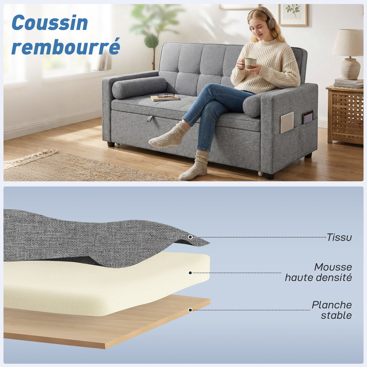 Canapé convertible 2 places, canapé-lit, 2 coussins 80,5x137,5x84cm gris