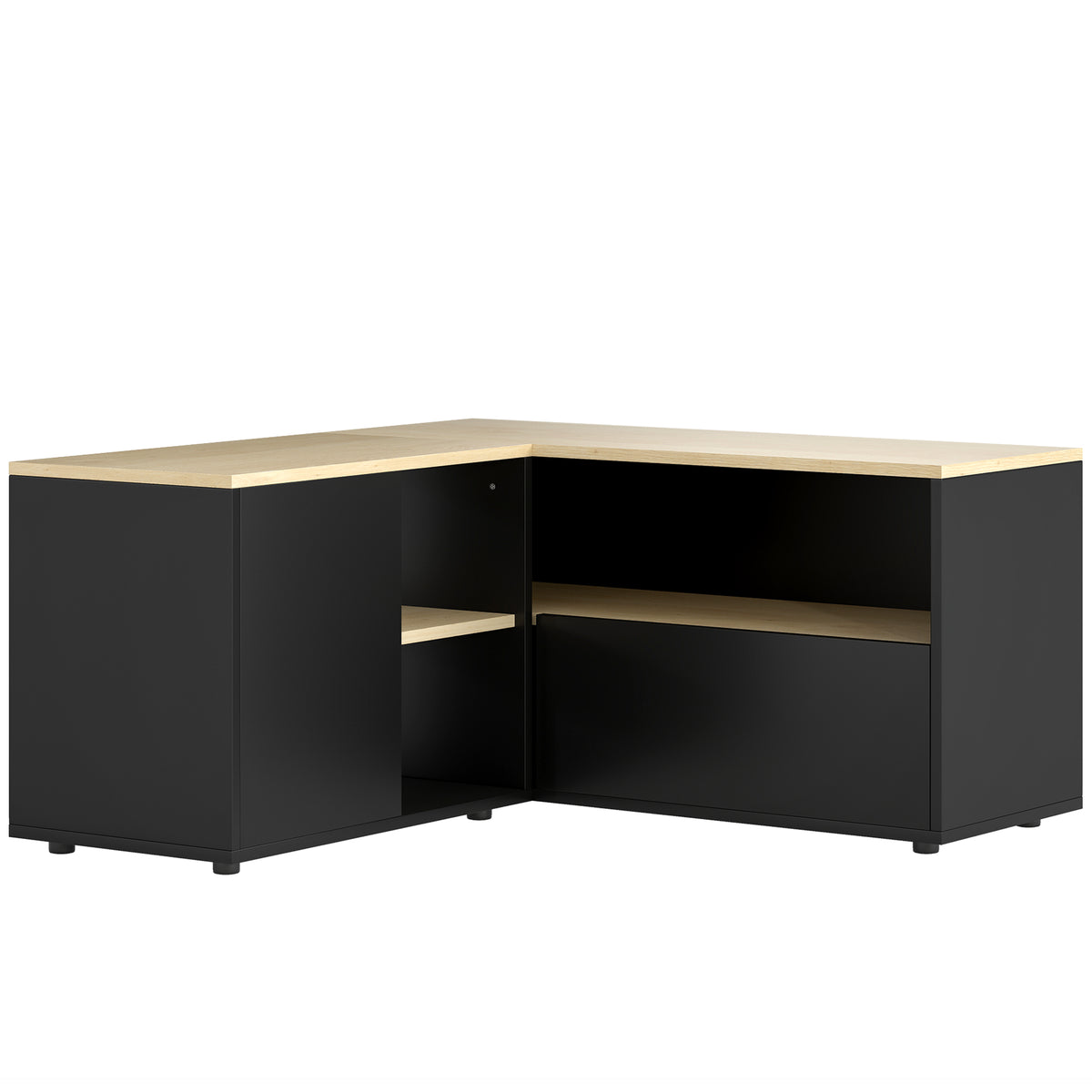 Meuble TV d'angle, 40 pouces avec 2 placards et 3 niches 90 x 90 x 45 cm, en chêne et noir