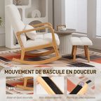 Fauteuil à bascule avec repose-pieds, en tissu, pieds en bois, 64,5 x 82 x 89 cm, blanc