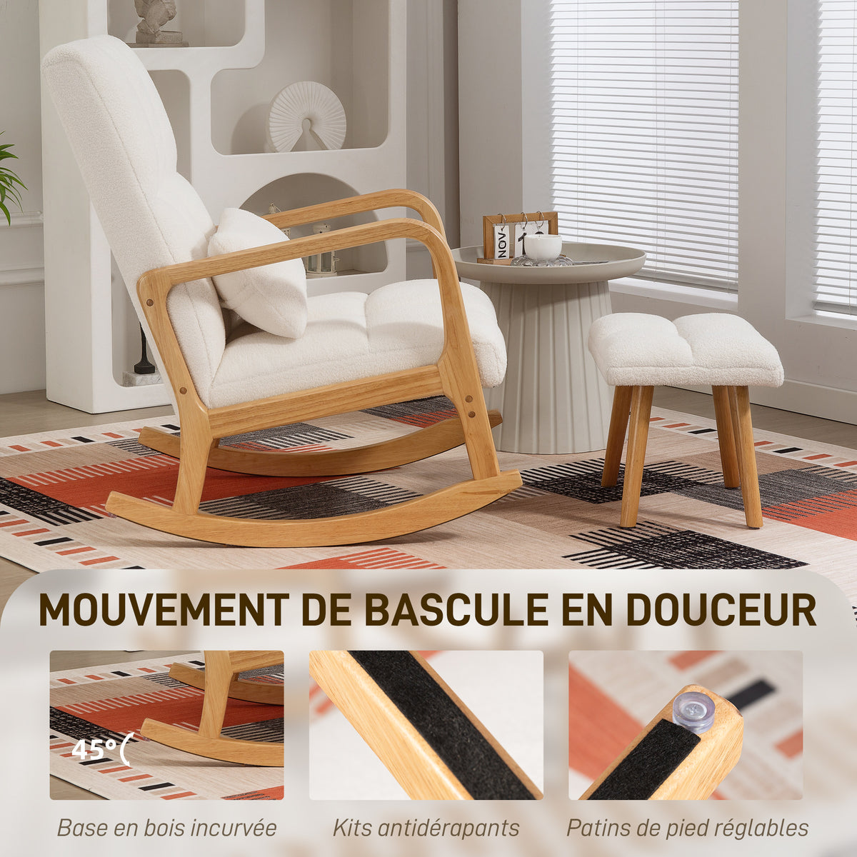 Fauteuil à bascule avec repose-pieds, en tissu, pieds en bois, 64,5 x 82 x 89 cm, blanc