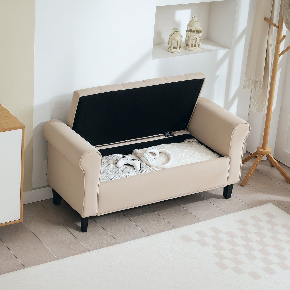 Banc de rangement bout de lit avec accoudoirs, tissu effet velours rembourré, 126 x 48,5 x 57 cm, beige