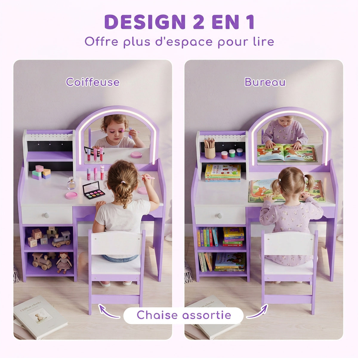 Coiffeuse pour Enfants avec Tabouret et Miroir, Violet