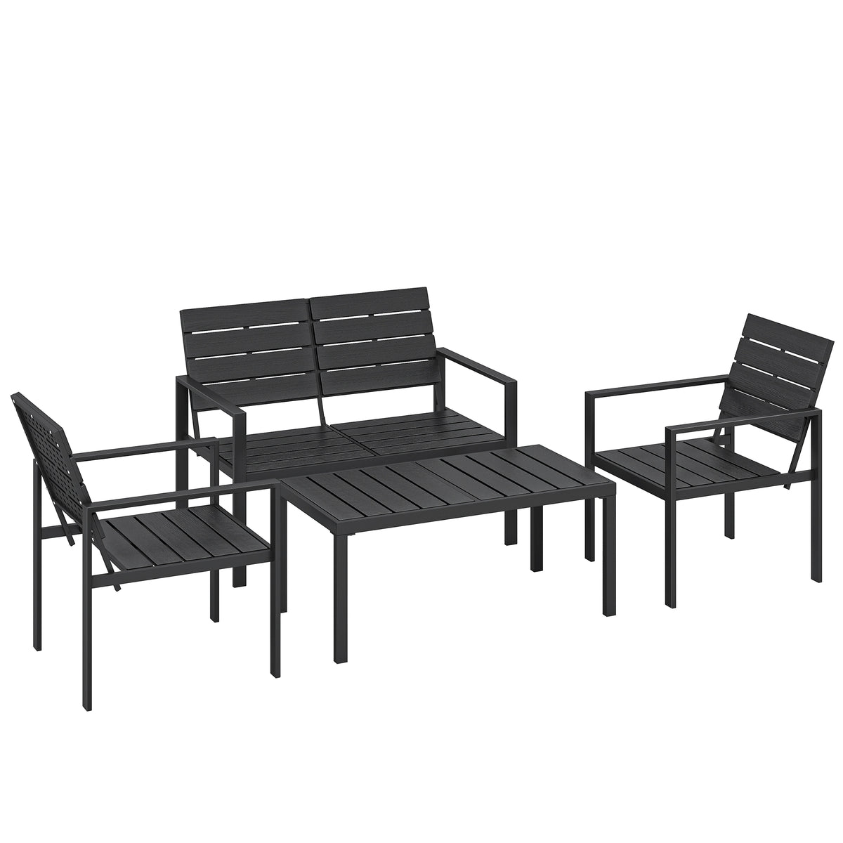 Salon de Jardin Extérieur 4 Pièces, Canapé 2 Places, 2 Chaises, Table Basse, Effet Bois Noir