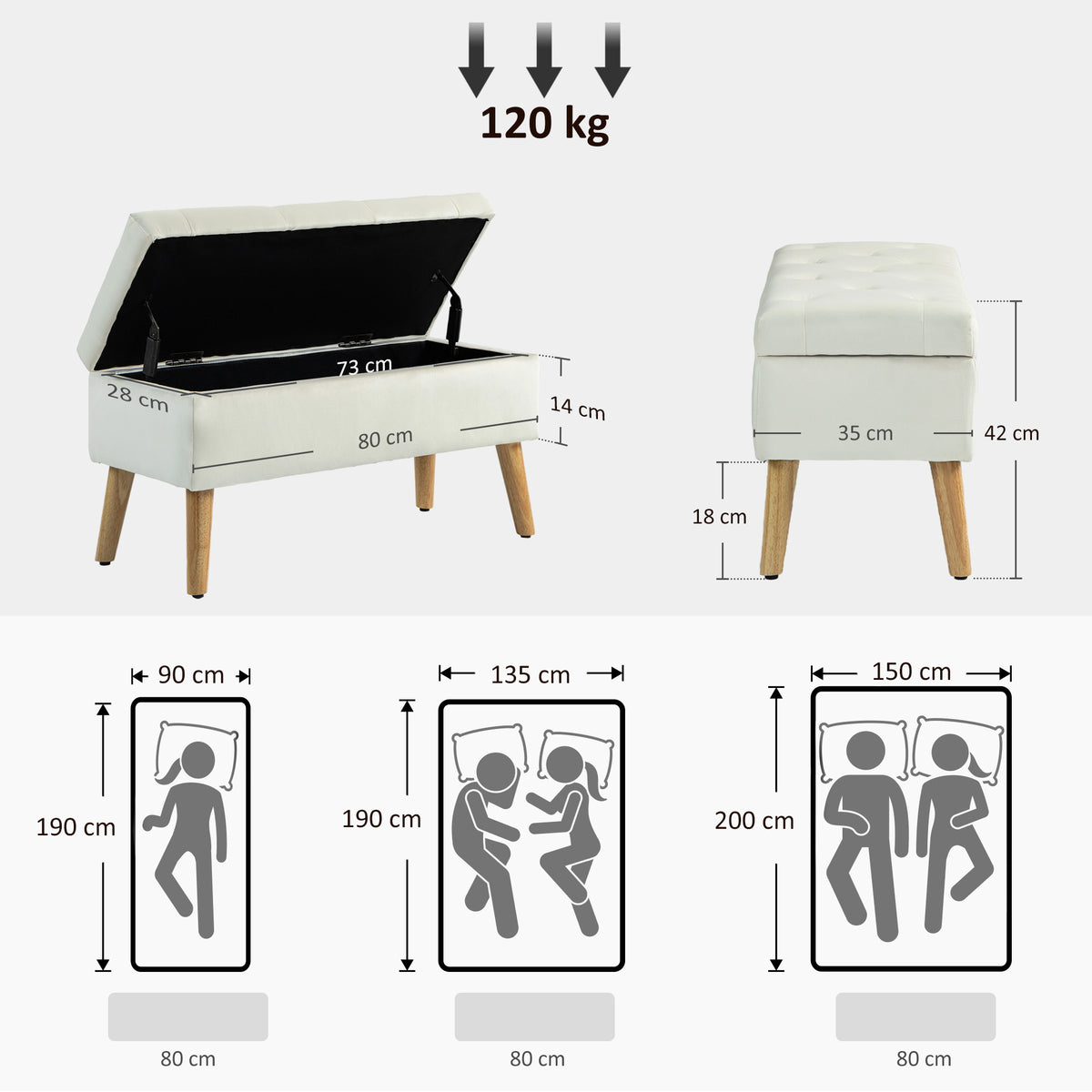Banc de rangement effet velours, pieds en bois charge max. 120 kg 80 x 35 x 42 cm, crème