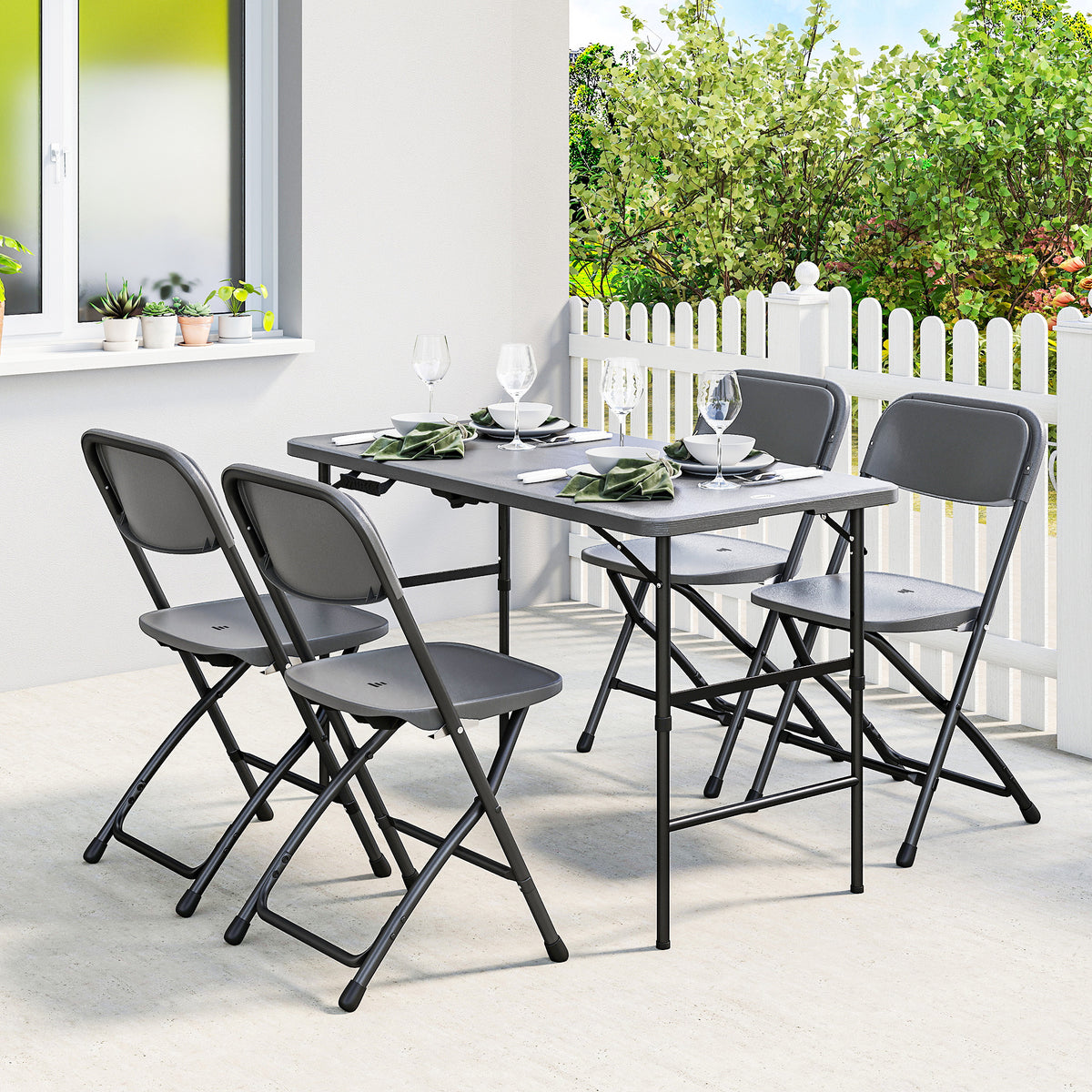 Salon de jardin extérieur avec 4 chaises pliables table réglable en hauteur 118 cm gris foncé