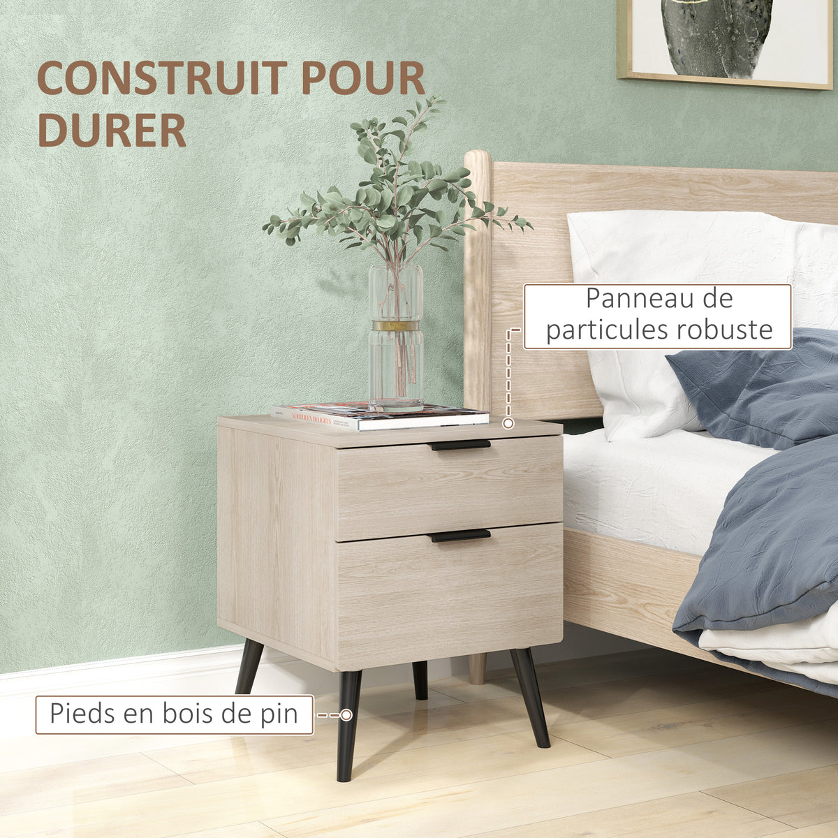 2 tables de chevet - style nordique moderne avec tiroir à deux niveaux 40 x 40 x 50 cm chêne