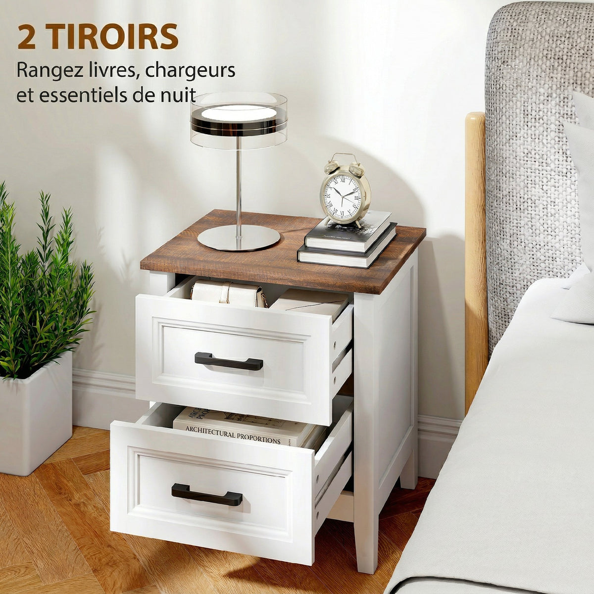 Table de chevet avec 2 tiroirs, plateau effet bois, style rustique, blanc