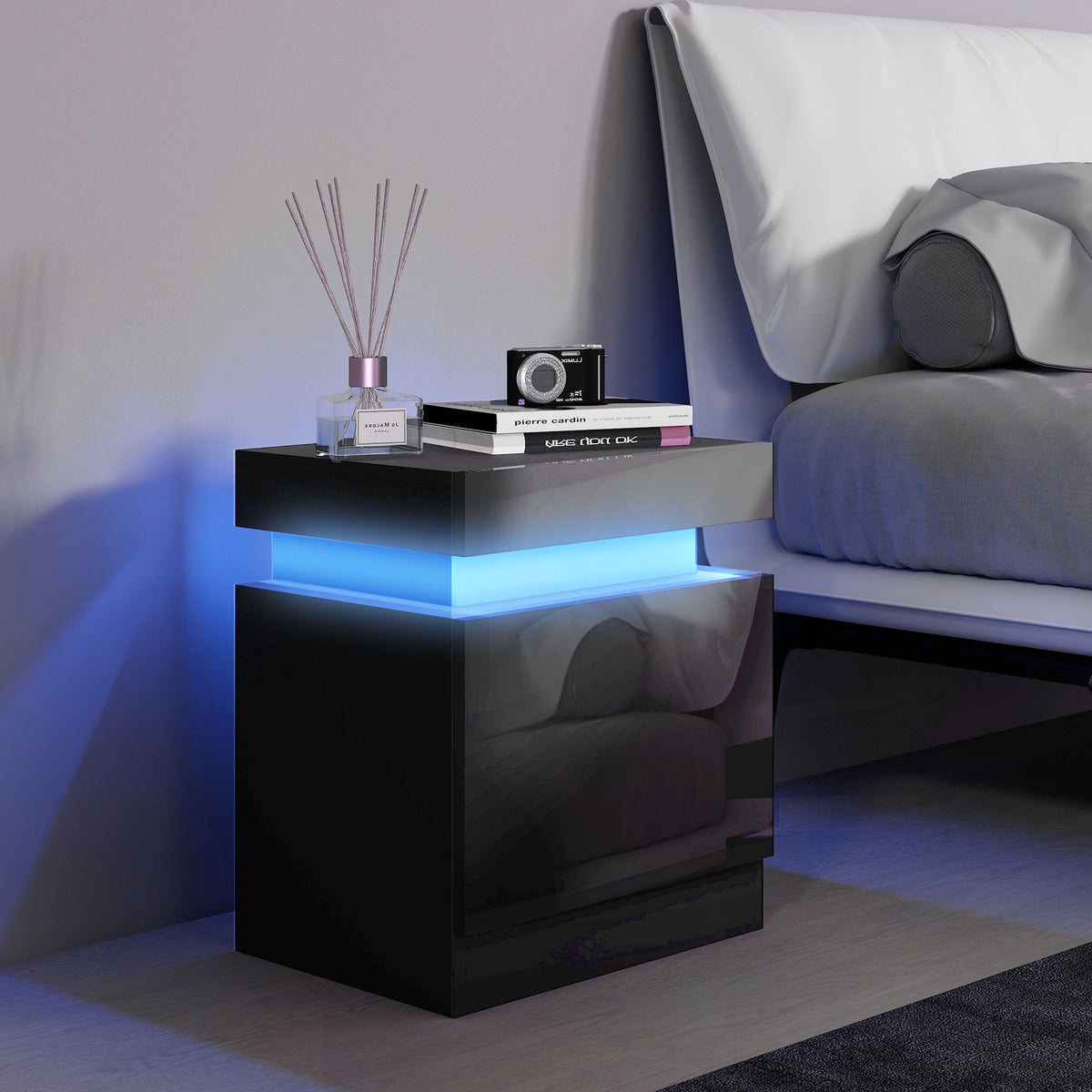 Table de chevet lumière LED RVB haute brillance avec 2 tiroirs noir