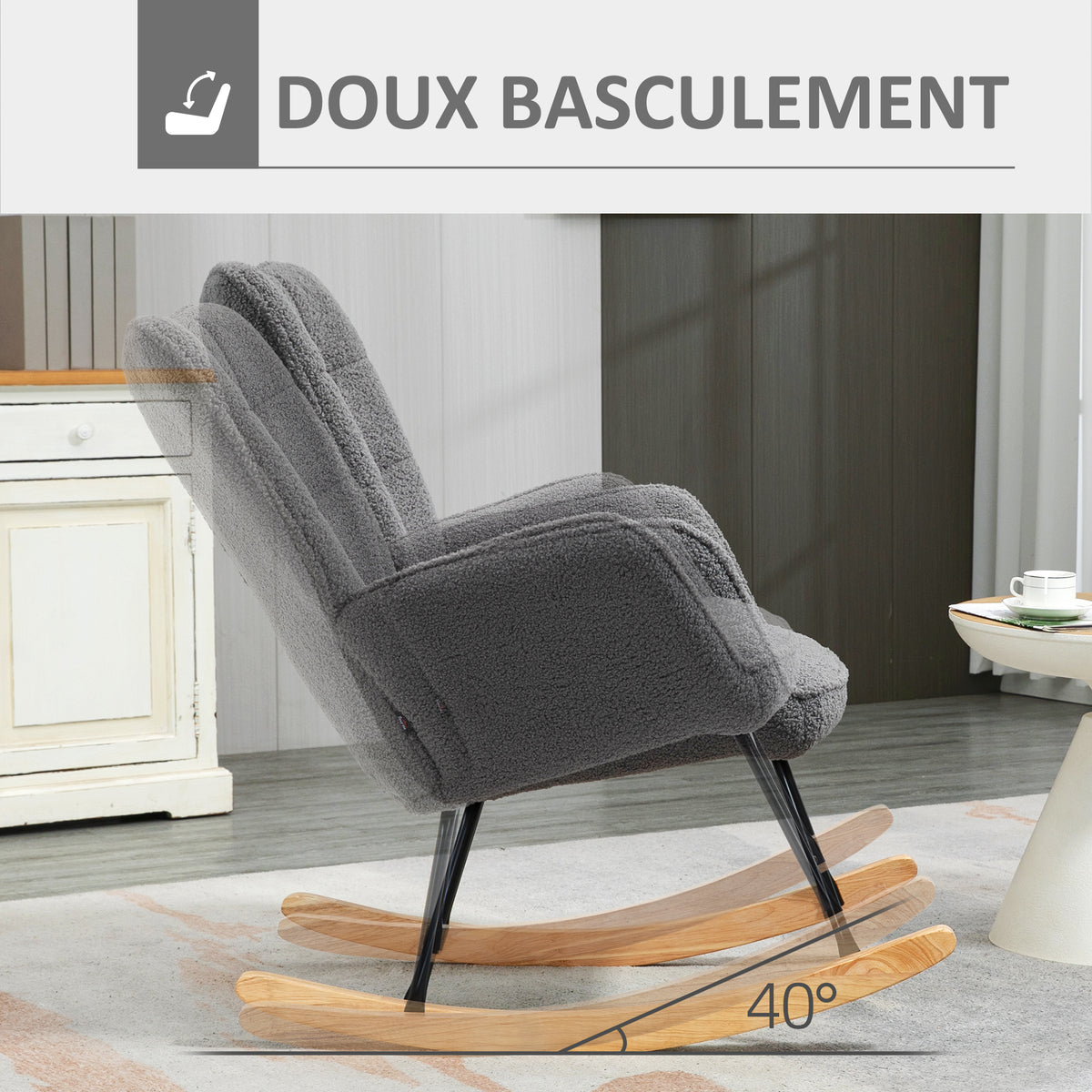 Fauteuil à bascule, effet laine, structure en acier 71 x 98 x 101 cm Gris foncé