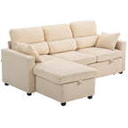 Canapé d'angle convertible en velours, canapé-lit 3 places, coussins, 205x135x76cm, beige