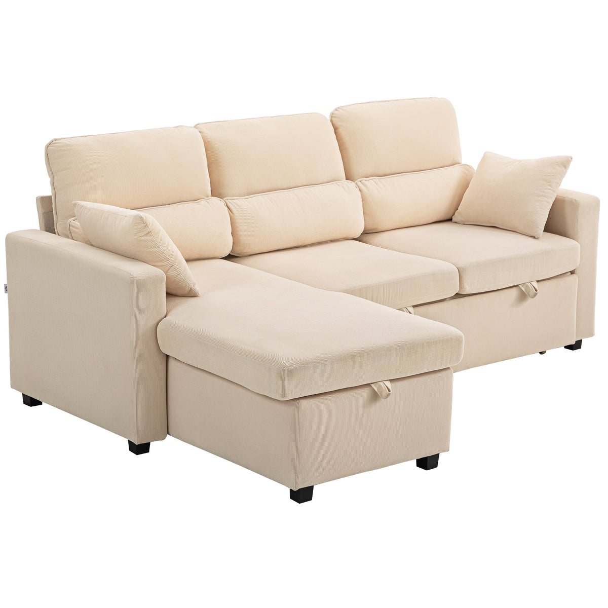 Canapé d'angle convertible en velours, canapé-lit 3 places, coussins, 205x135x76cm, beige