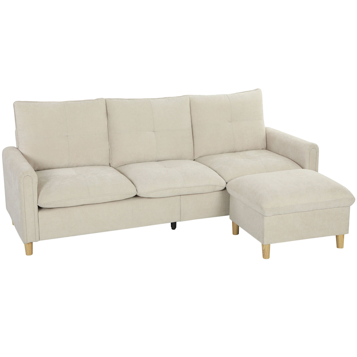 Canapé 3 places avec pouf de rangement, modulable 210 cm, tissu aspect lin, crème