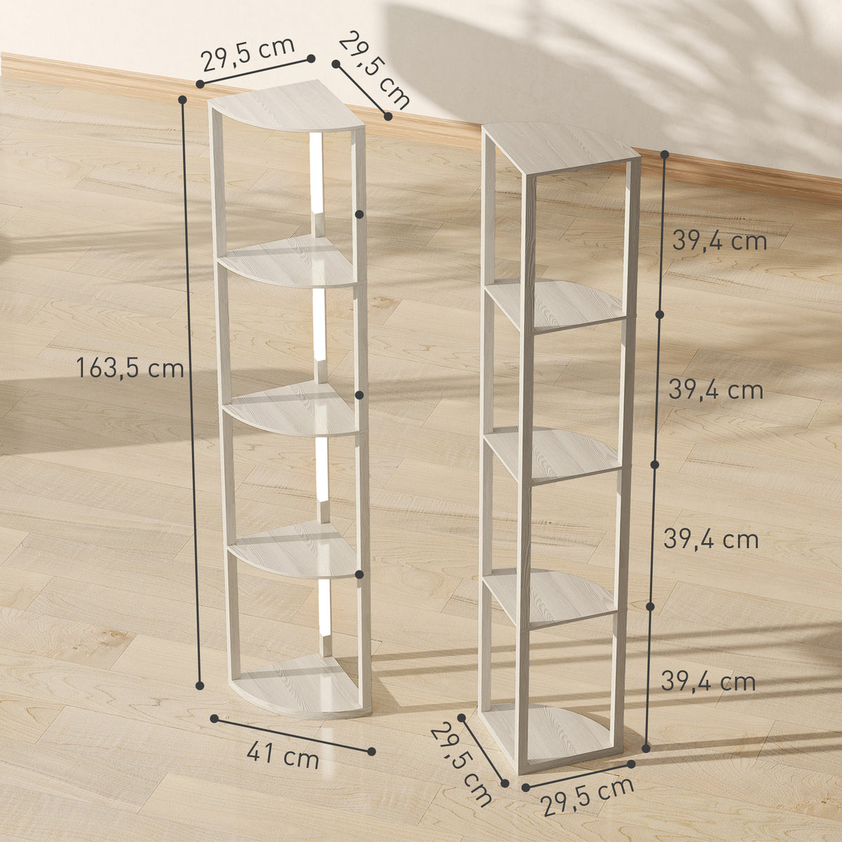 Lampadaire / lampe avec Étagères d'Angle à 4 Niveaux, Lampe LED Dimmable, 41x29,5x163,5cm, Chêne