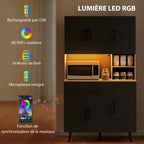 Buffet cuisine haut avec lumière LED, 6 portes 2 tiroirs 100x40x176cm noir