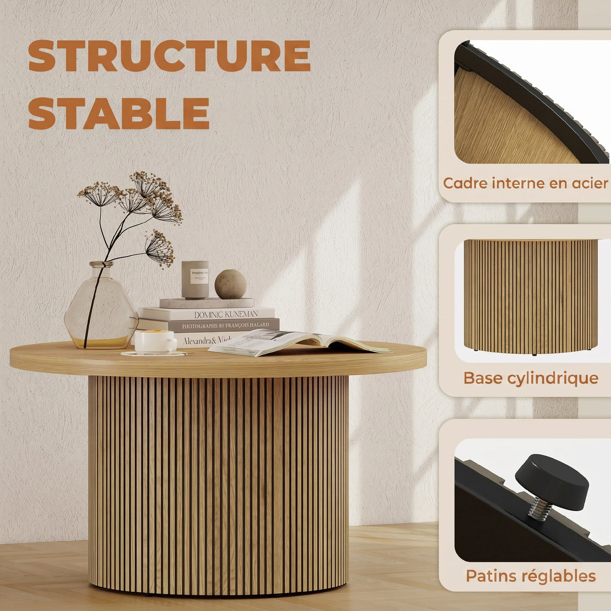 Table basse ronde en bois, effet bois naturel