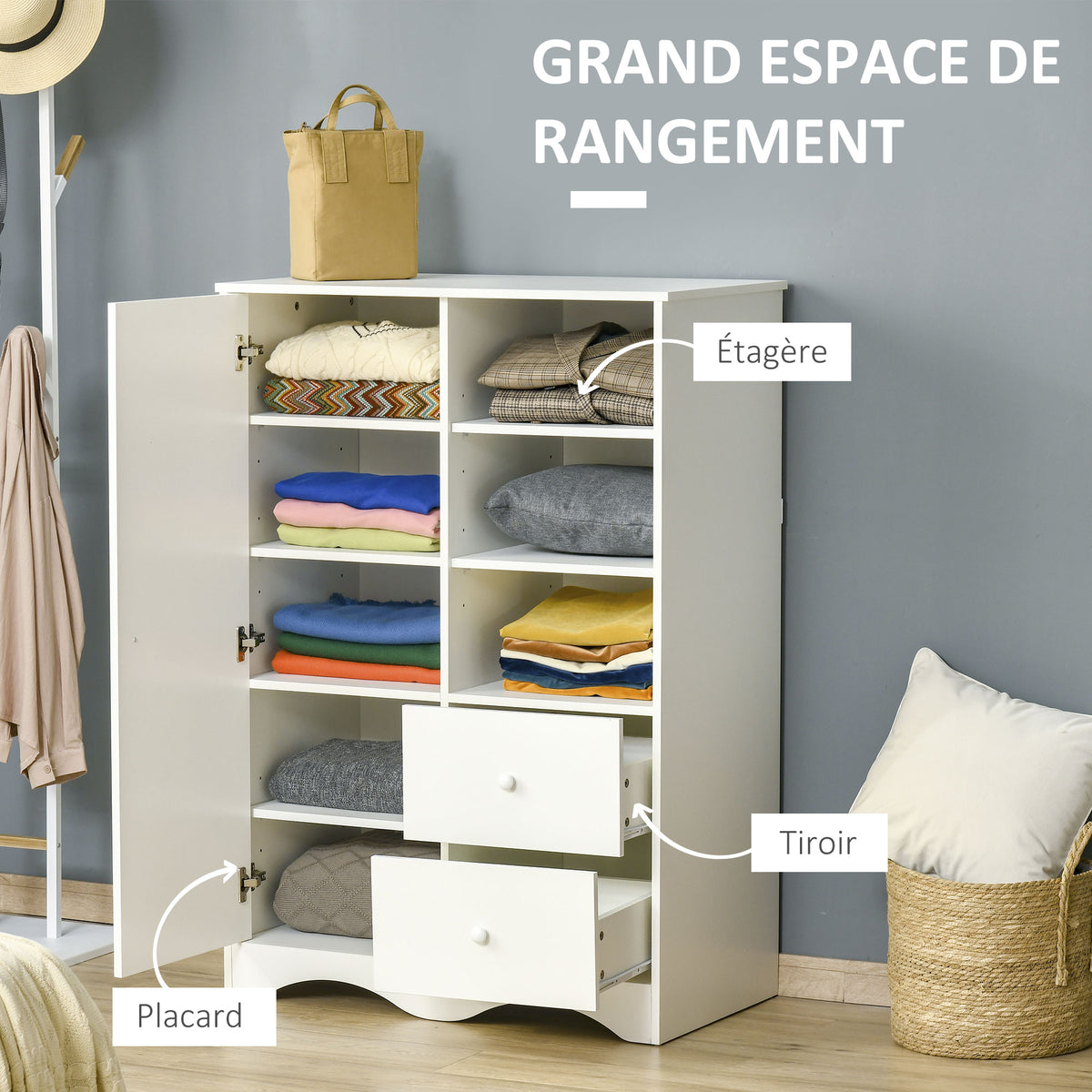 Armoire avec Porte et 5 étagères, 3 niches, 2 tiroirs, blanc