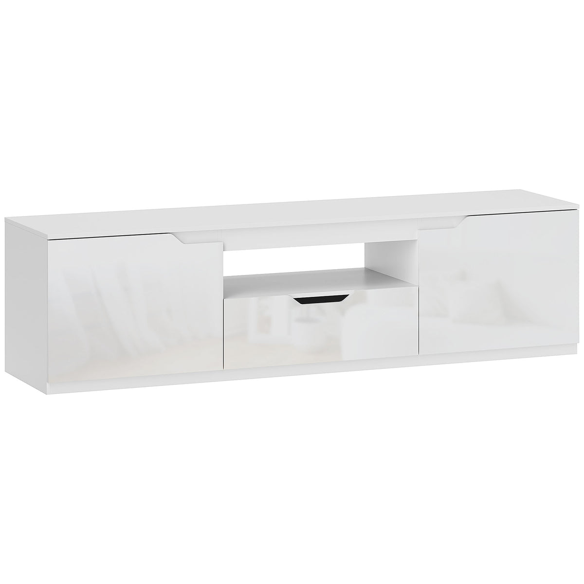 Meuble TV 160 cm, jusqu'à 65 pouces avec 2 portes et tiroir, blanc