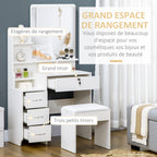 coiffeuse avec tabouret, grand miroir, étagères ouvertes, 4 tiroirs blanc