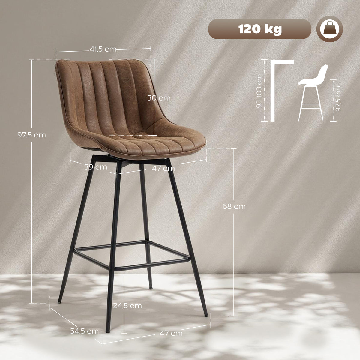 Lot de 2 tabourets de bar, repose-pieds, marron
