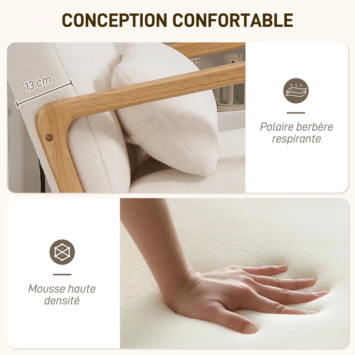 Fauteuil à bascule avec repose-pieds, en tissu, pieds en bois, 64,5 x 82 x 89 cm, blanc
