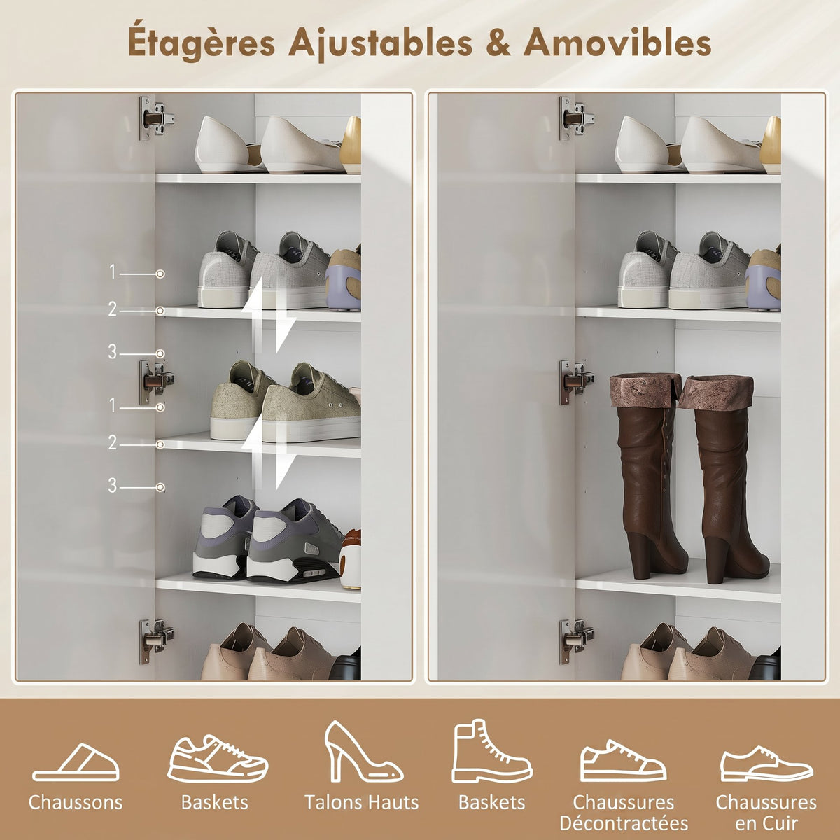 Meuble à chaussures 20 paires à haute brillance, 5 niveaux, étagères réglables 72x34,5x103cm blanc