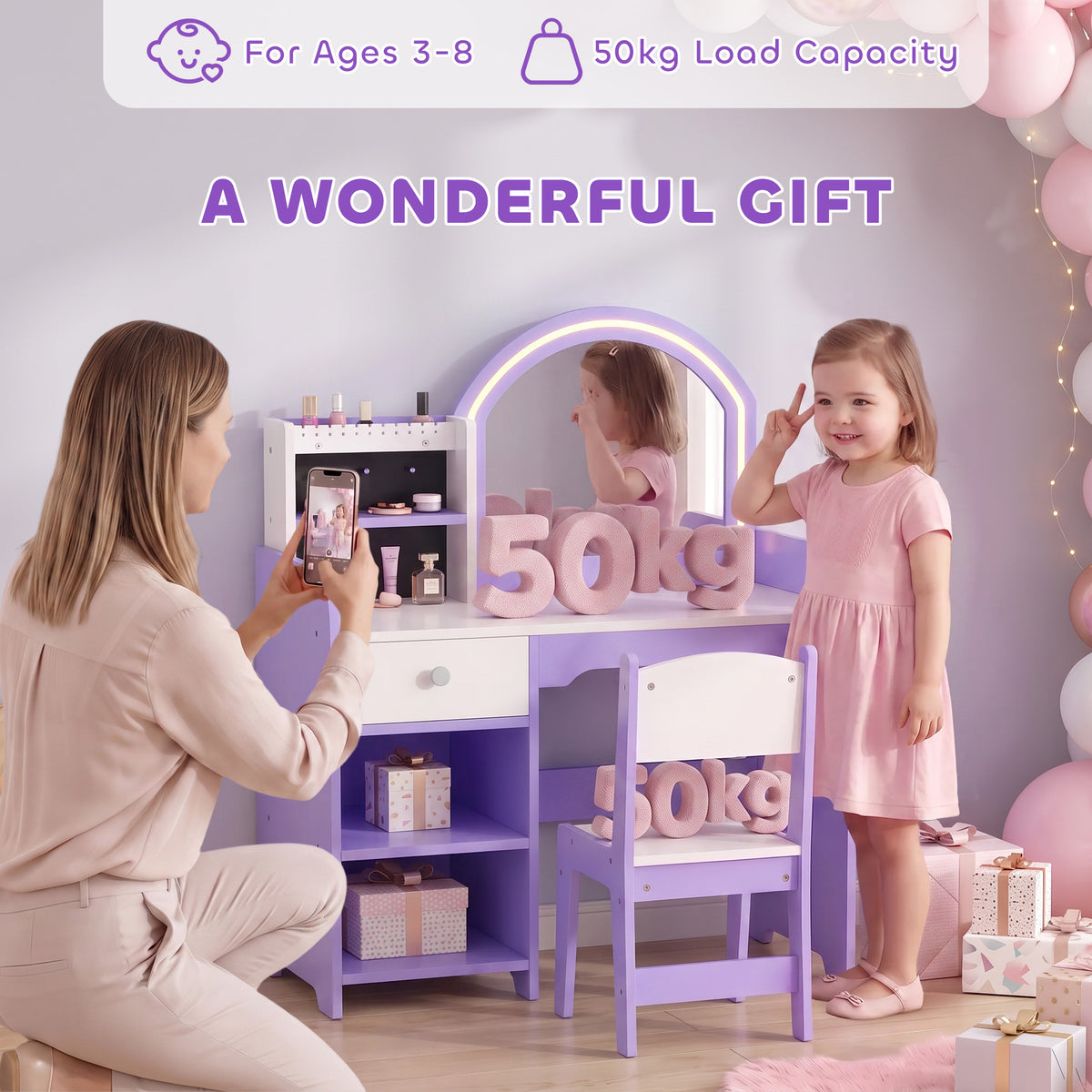 Coiffeuse pour Enfants avec Tabouret et Miroir, Violet
