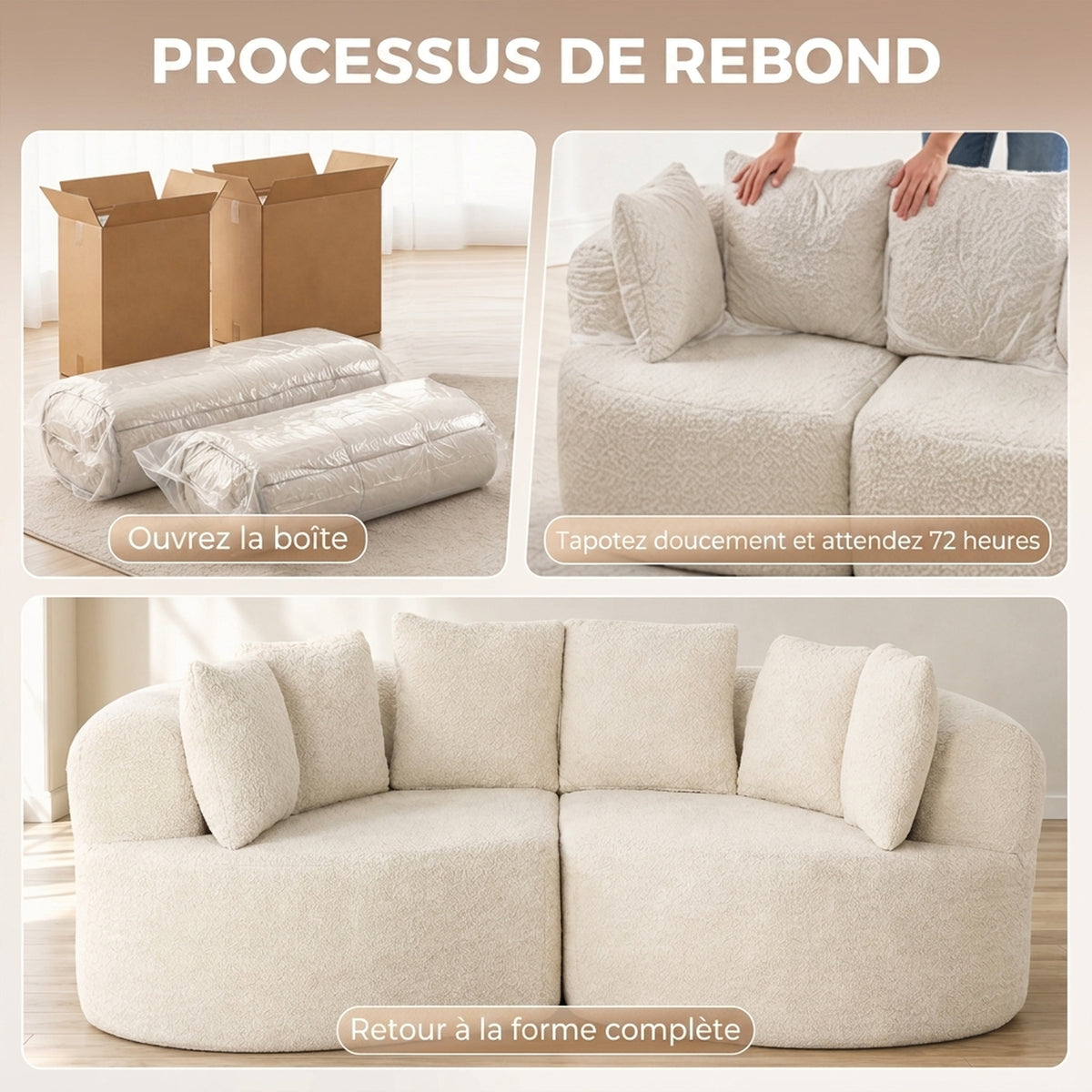 Canapé 3 Places Incurvé 188 cm, 6 Coussins, Rembourrage Épais, Crème