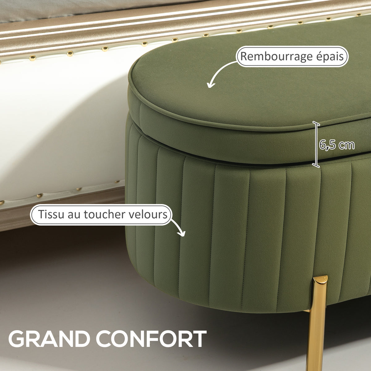 Banc de rangement, bout de lit en velours, pieds en métal, 72 L, 108x44x43,5cm, vert foncé
