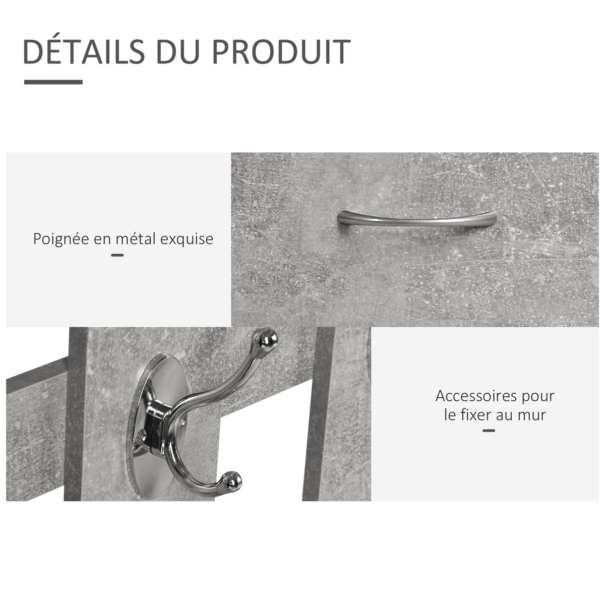 Meuble d'entrée 3 en 1 avec porte-manteau, miroir et banc à chaussures - 6 crochets et étagère réglable, effet béton gris