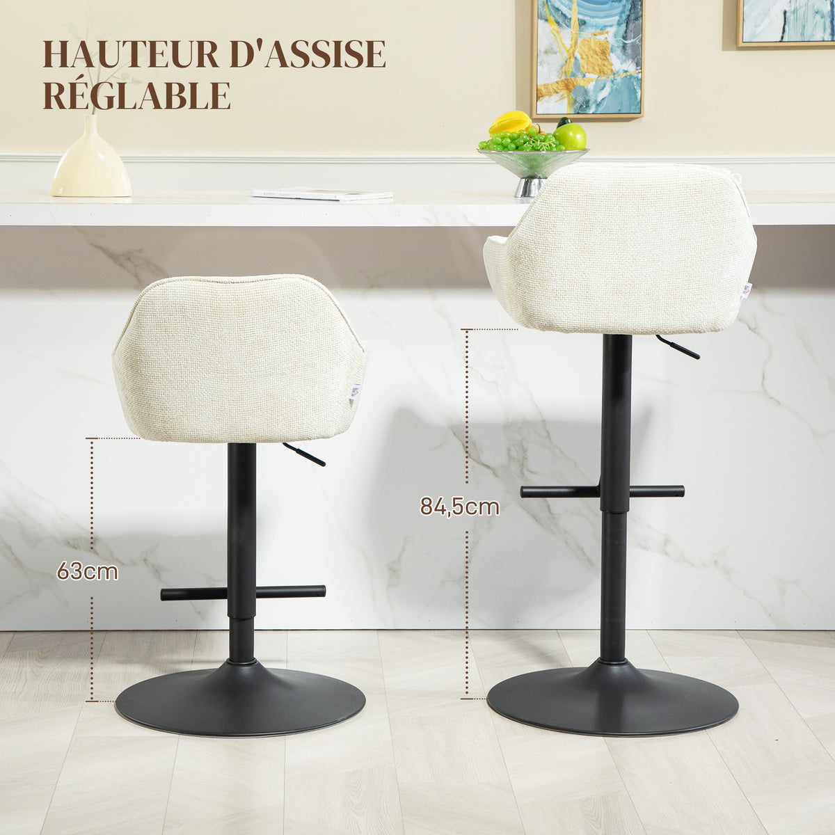 Lot de 2 tabourets de bar, tissu effet lin et base en acier 52,5 x 53 x 86,5-108 cm crème