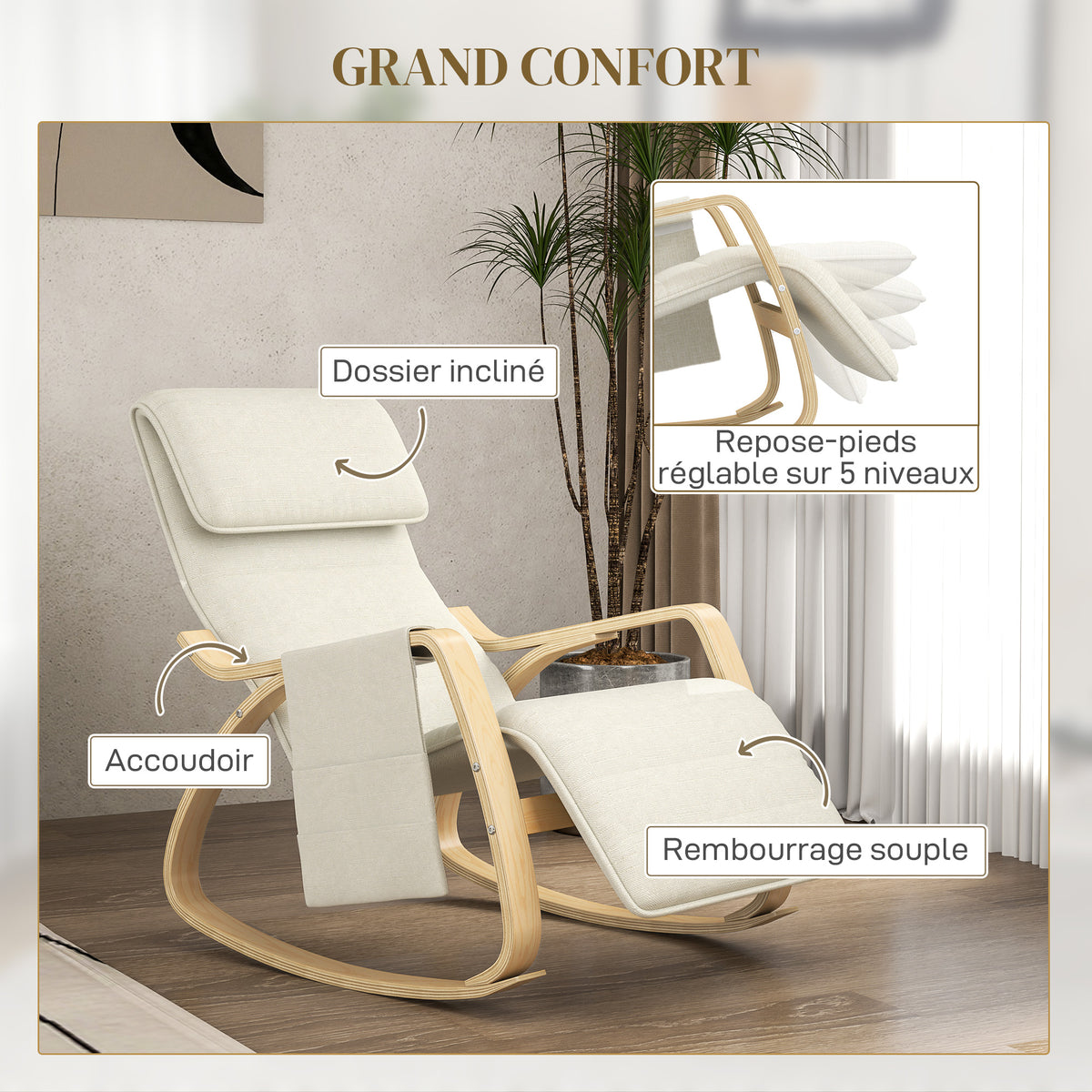 Fauteuil à bascule avec repose-pieds réglable, poche latérale, blanc crème
