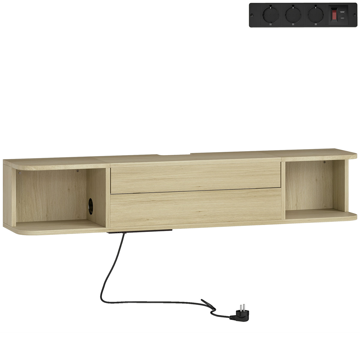 Meuble TV suspendu,50 pouces, tiroir étagères passe-câbles 120x24x22,4cm. Effet bois naturel