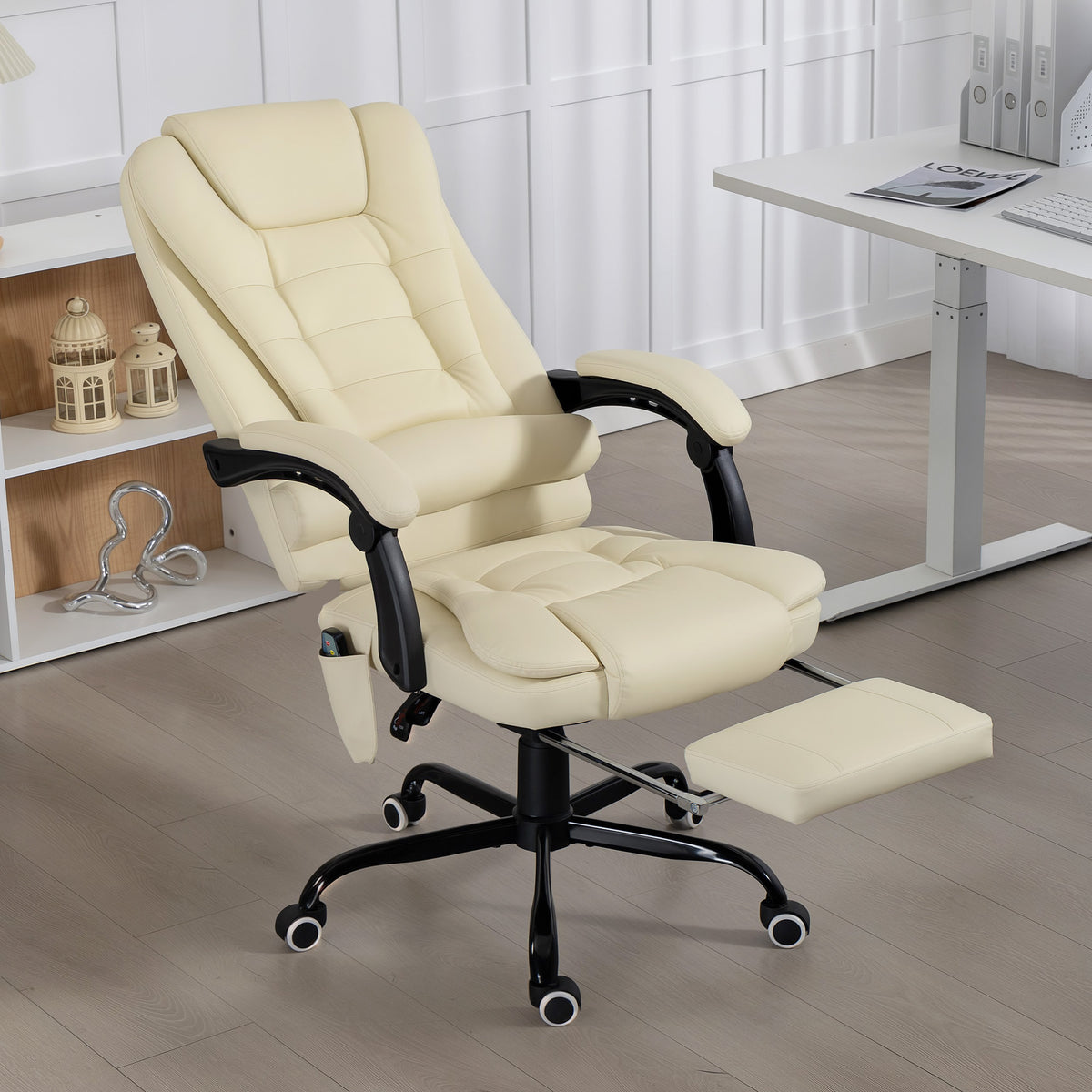 Fauteuil de bureau massant, dossier inclinable et télécommande filaire, beige