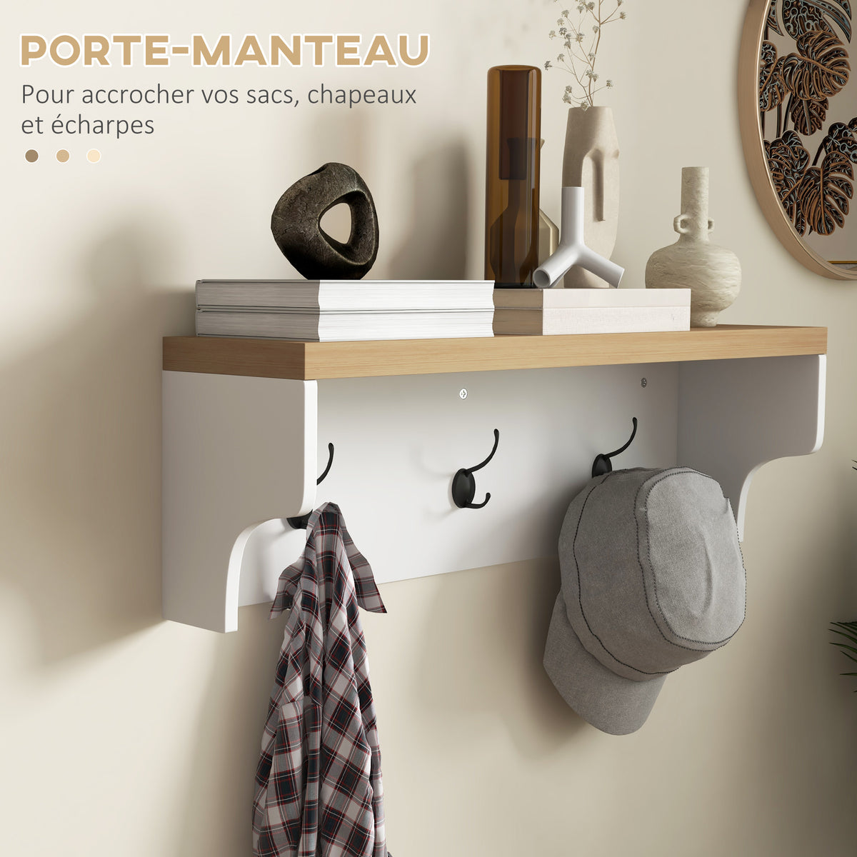 Meuble d'entrée 2-en-1 porte-manteau mural + banc à chaussures, 75x30x50cm blanc et chêne
