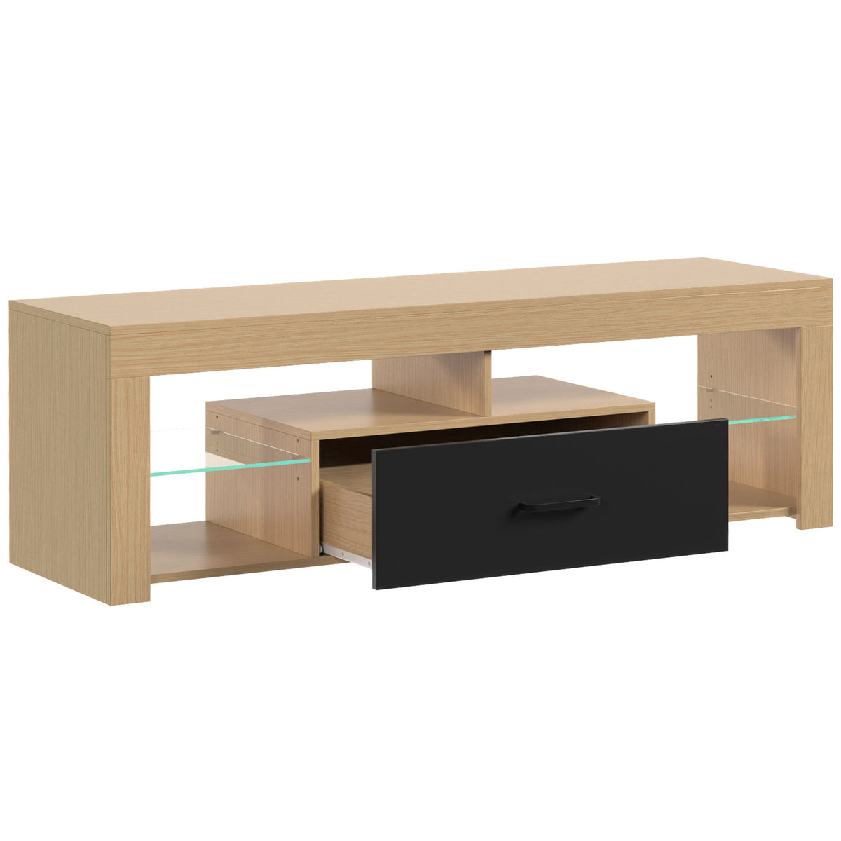 Meuble TV 140 cm, 65 Pouces avec Étagères en Verre Réglables, Tiroir et Compartiments Ouverts, Chêne