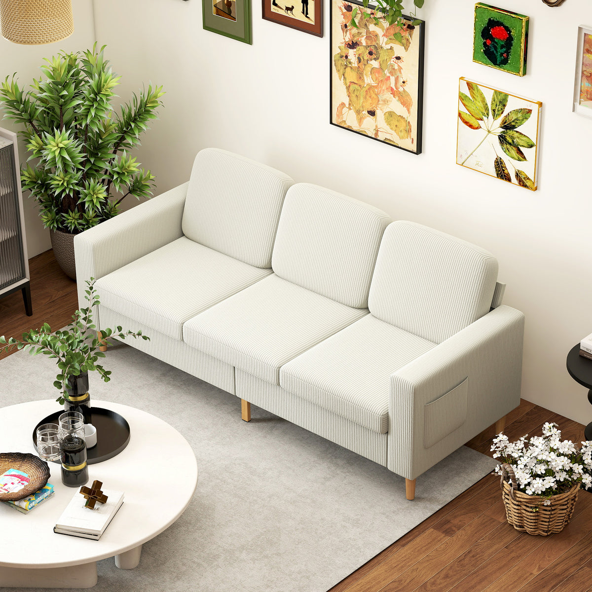 Canapé 3 places en velours, coussins à ressorts, 192x80x84,5cm, beige