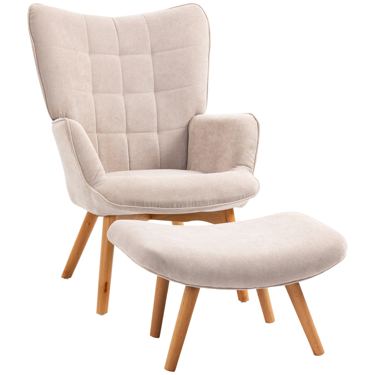 Fauteuil avec repose pied, pieds en bois et tissu aspect velours