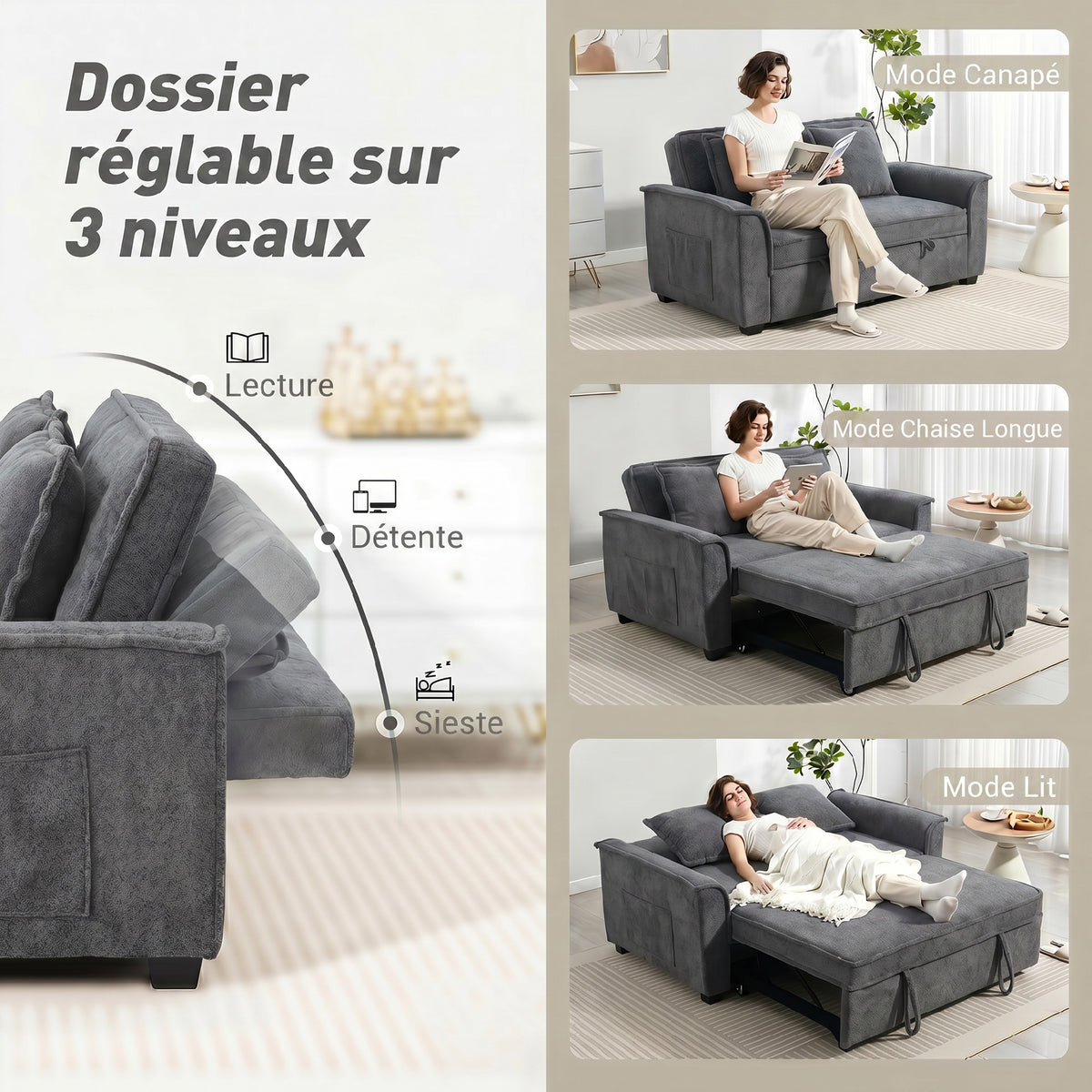Canapé convertible 2 places, canapé-lit clic-clac, 2 coussins, gris
