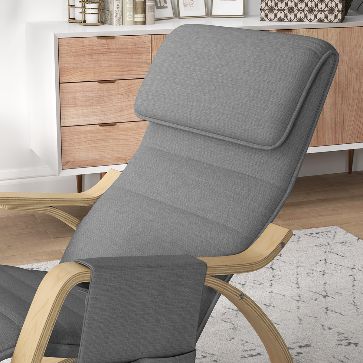 Fauteuil à bascule avec repose-pieds réglable, poche latérale, gris
