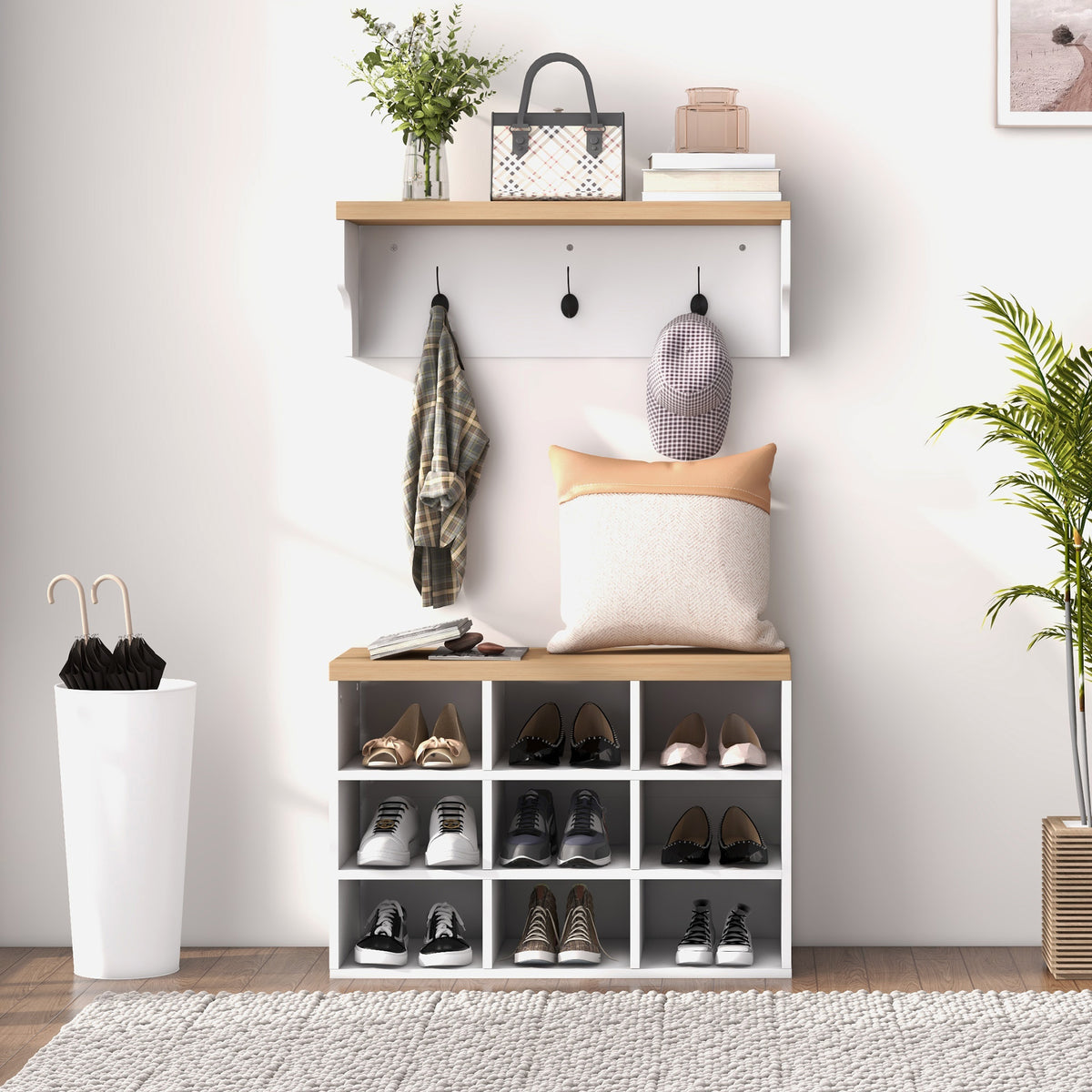 Meuble d'entrée 2-en-1 porte-manteau mural + banc à chaussures, 75x30x50cm blanc et chêne