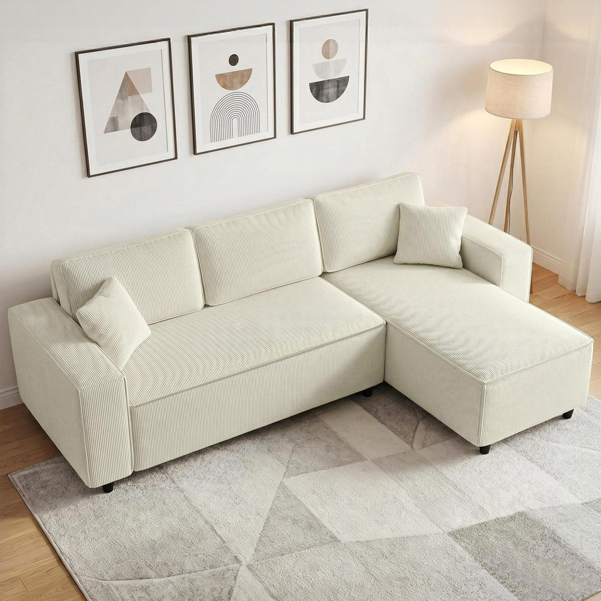 Canapé d'angle réversible 3 places avec coussins inclus, tissu velours côtelé, crème