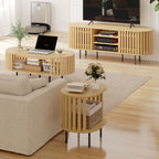 Meuble TV, 60 pouces, 2 portes à lattes, 140x40x52cm, bois naturel