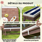 Ensemble salon de jardin enfant avec coussins et parasol amovible, rayé bleu marine et blanc
