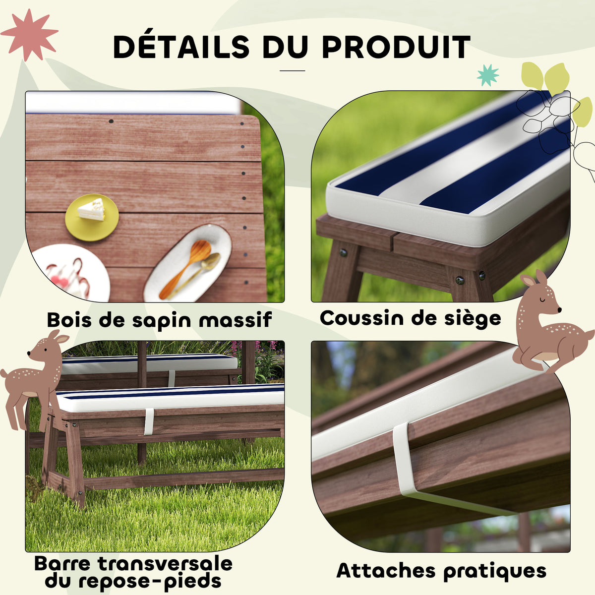 Ensemble salon de jardin enfant avec coussins et parasol amovible, rayé bleu marine et blanc