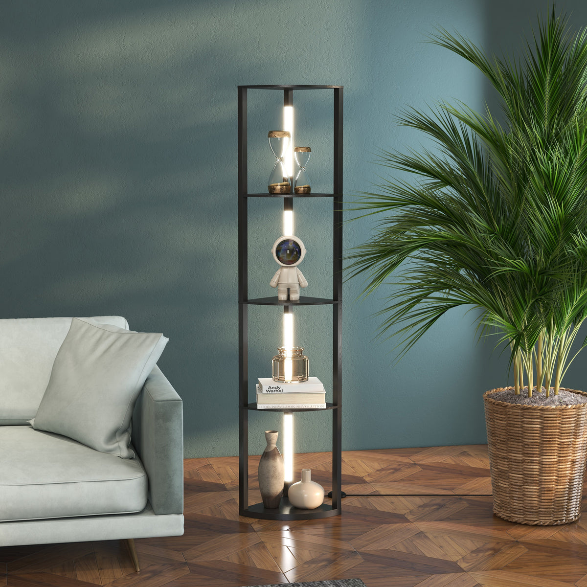 Lampadaire / lampe avec étagères d'angle à 4 niveaux, lampe LED dimmable, 41x29,5x163,5cm, noir
